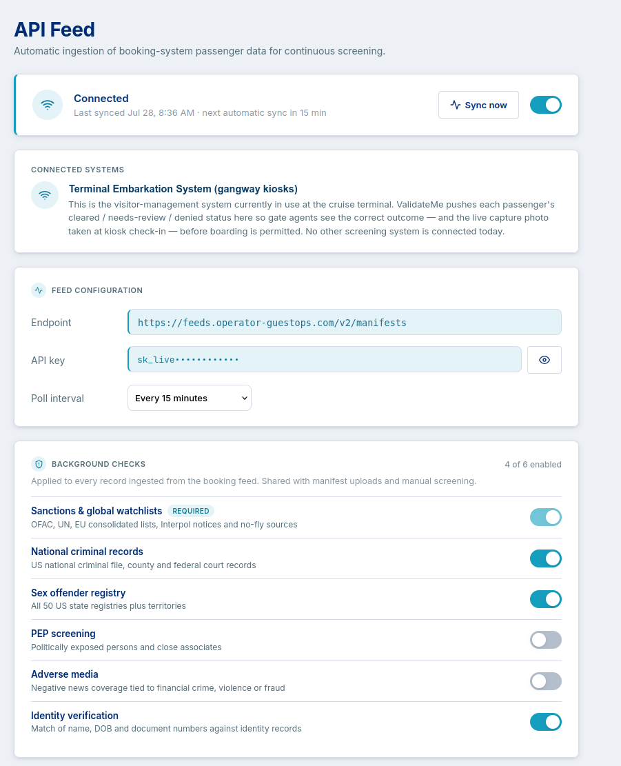 Visit+ API feed configuration: connected booking system, endpoint, API key and poll interval, with the same background check set applied to every ingested record