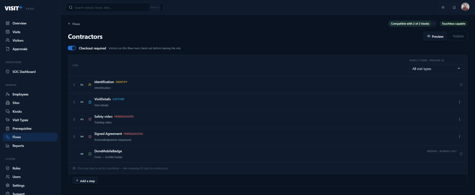 Visit+ flow editor showing the Contractors flow as an ordered sequence of steps