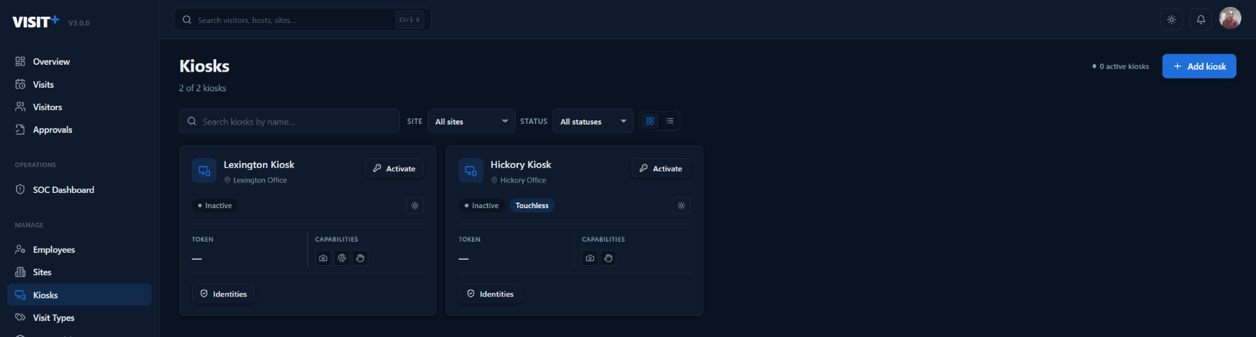Visit+ kiosks list showing registered kiosks with their site, mode and status