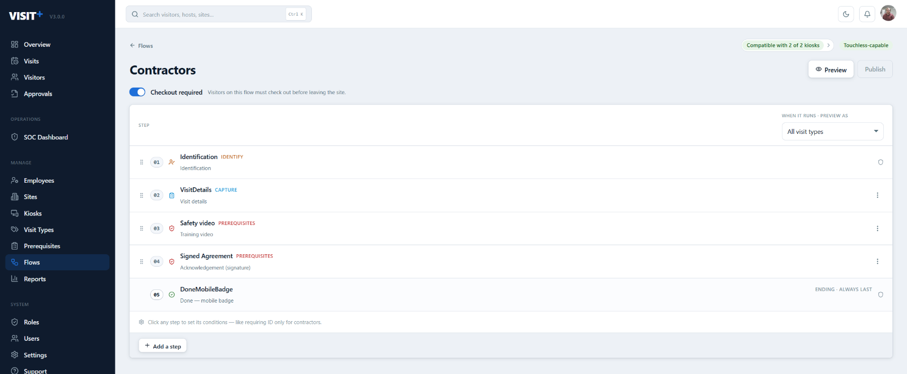 Visit+ flow editor showing the Contractors flow built from ordered steps: Identification, Visit details, Safety video, Signed agreement, mobile badge