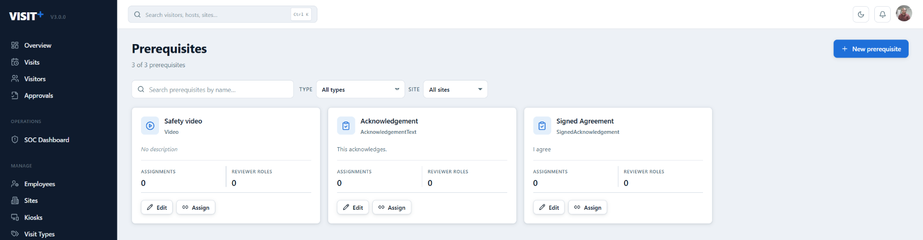 Visit+ prerequisites: safety video, acknowledgement and signed agreement, each assignable with reviewer roles
