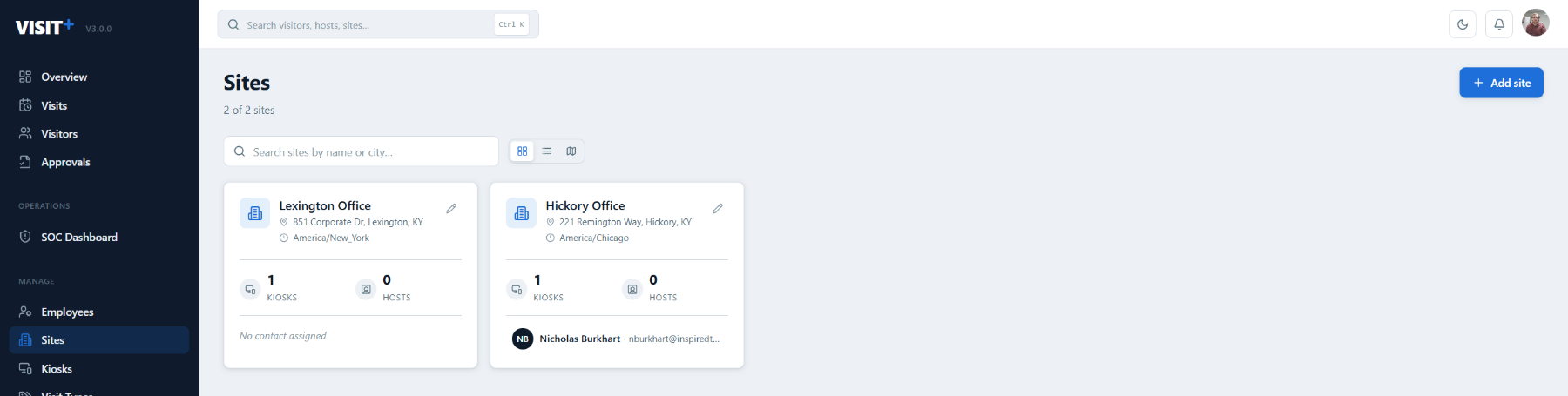 Visit+ sites list showing each site with its own address, kiosks and configuration under one company