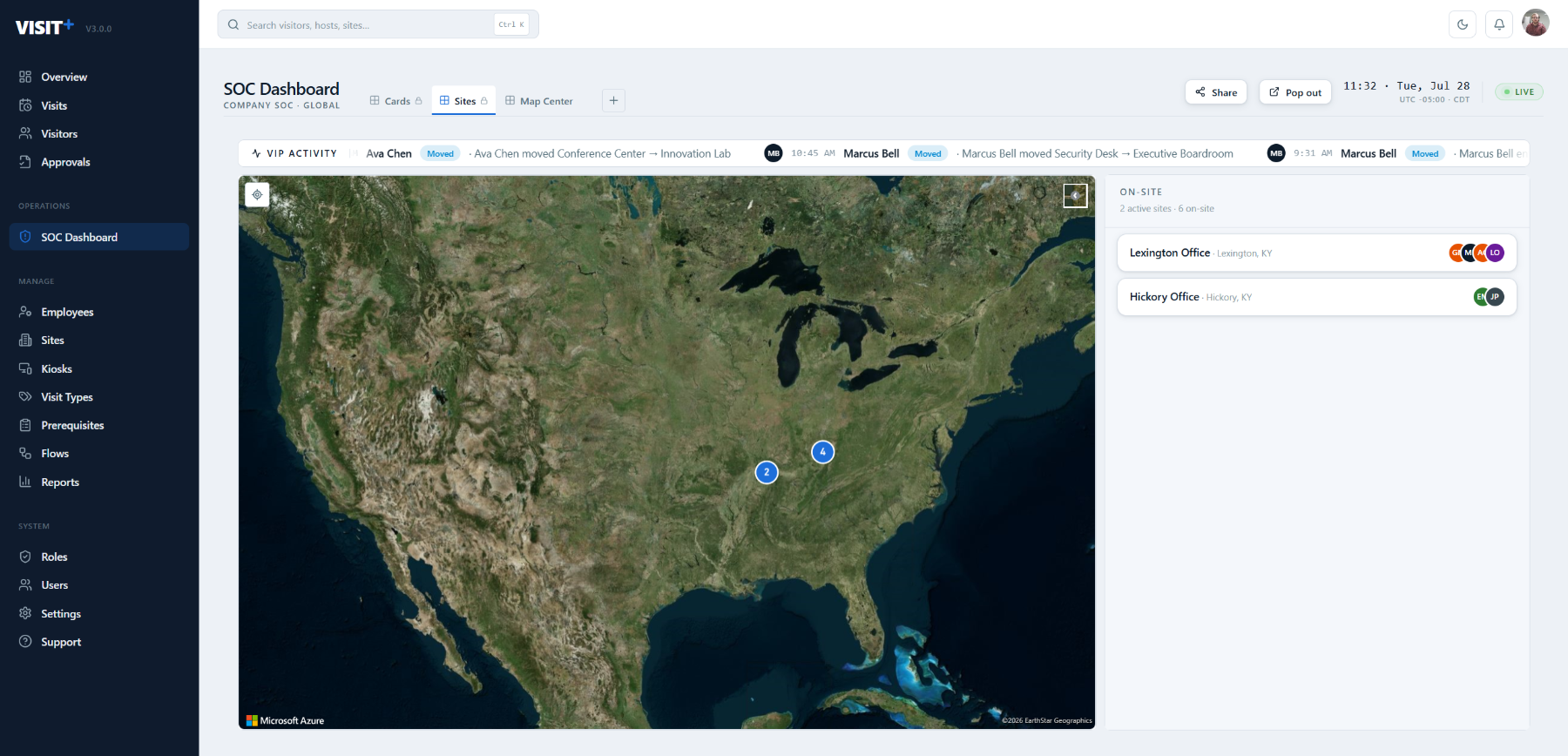 Visit+ SOC Dashboard: a live map of active sites with on-site counts, a VIP movement ticker and a per-site occupancy panel