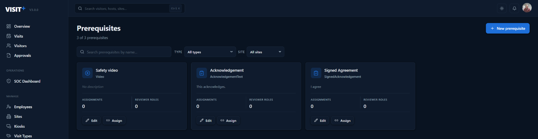 Visit+ prerequisites: safety video, acknowledgement and signed agreement, each with assignments and reviewer roles