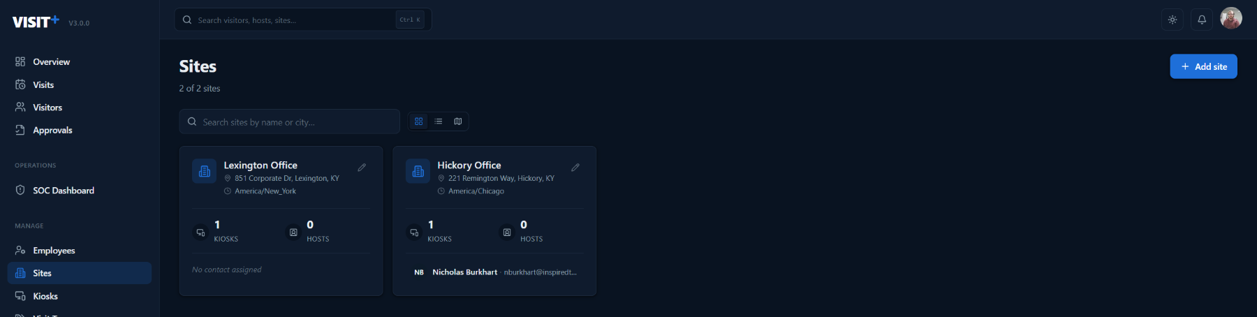 Visit+ sites list showing each site with its own address, kiosks and configuration